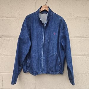 Vintage Polo Ralph Lauren Blue Denim Harrington Jacket Red Pony Men ● XL